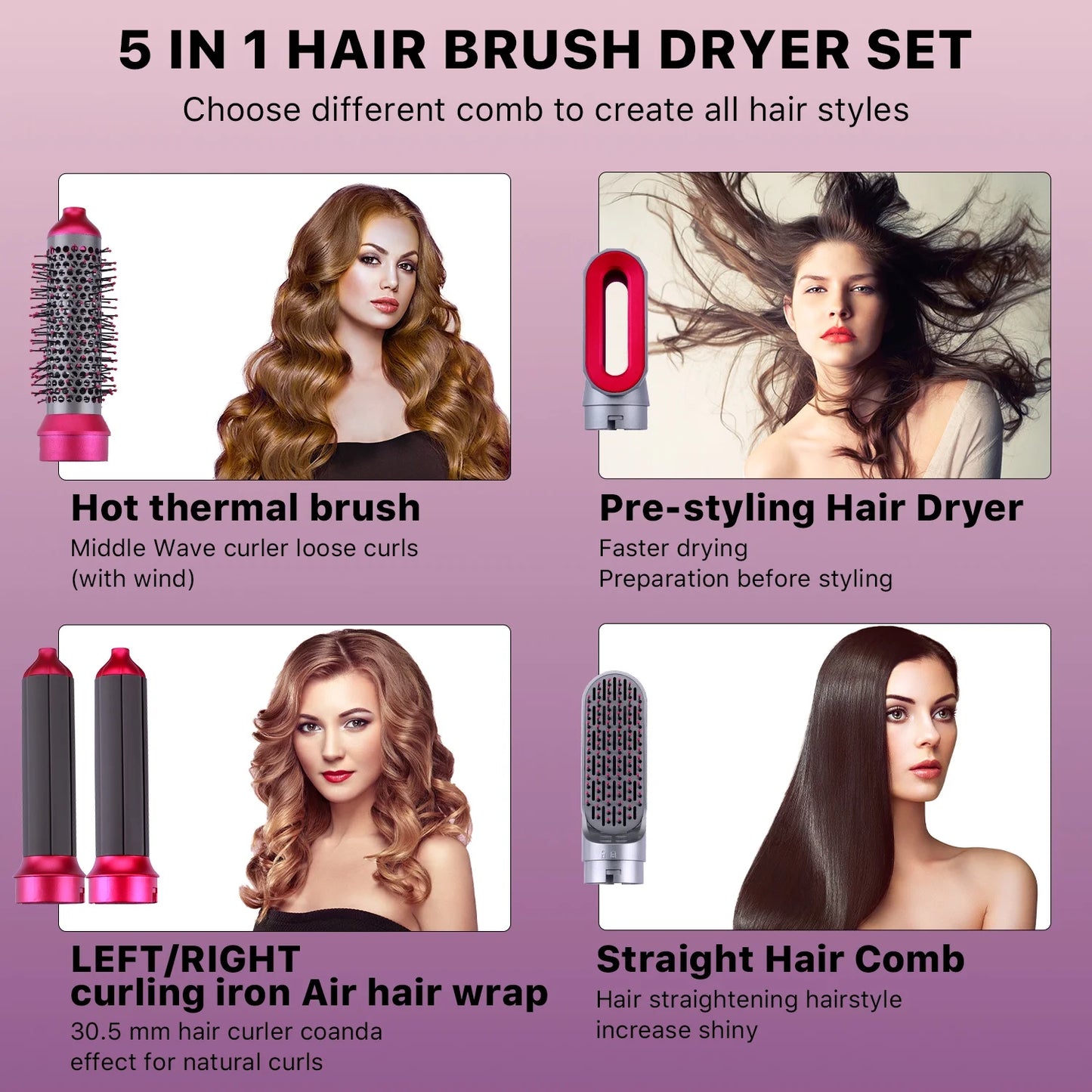 5-In-1 Hot Air Brush with Detachable Brush Heads for Straightening, Curling, and Styling