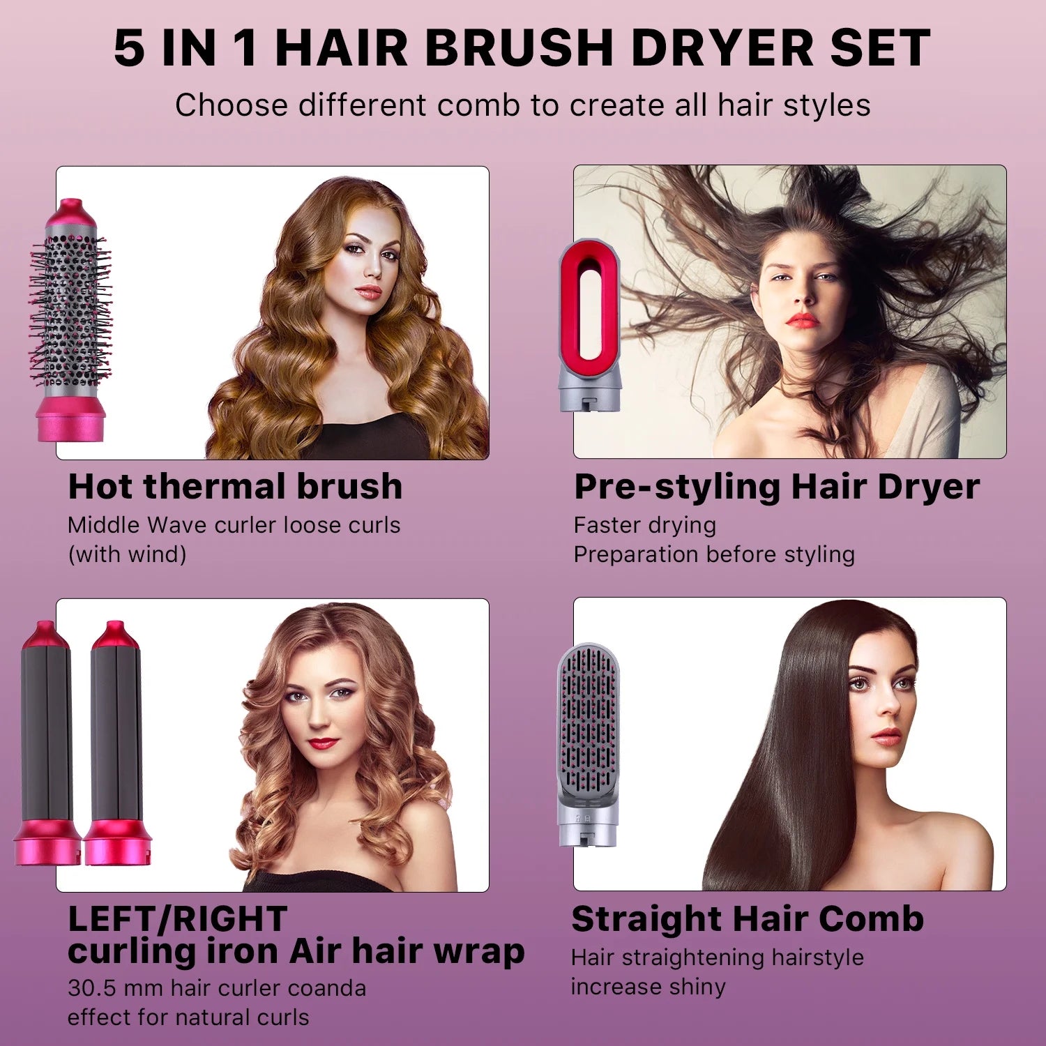 5-In-1 Hot Air Brush with Detachable Brush Heads for Straightening, Curling, and Styling